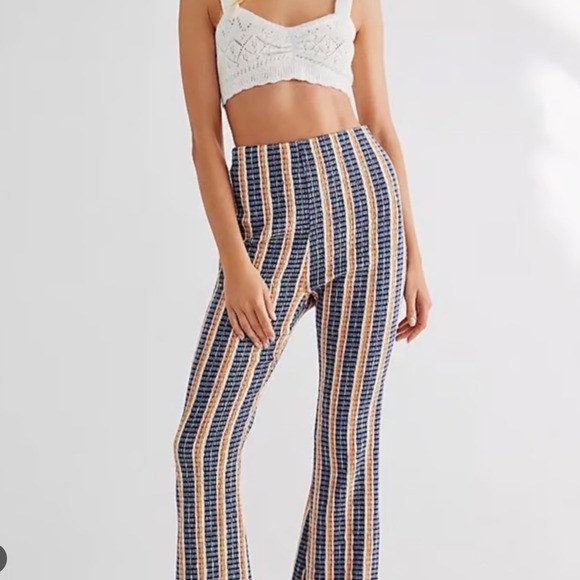 Free People Pants - Free People XS Striped Flare Pants Blue Orange Textured High Waist Boho Retro
